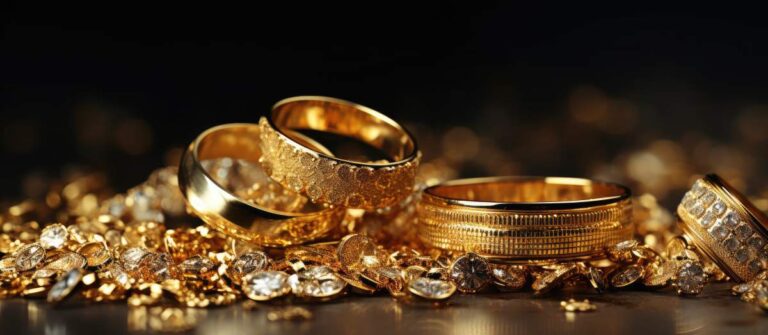 A woman carefully reviewing jewelry appraisal documents at a kitchen table with gold rings and a pen nearby.